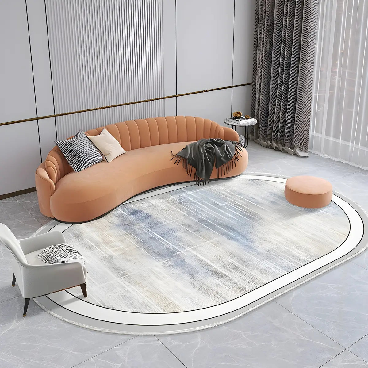 Modern Oval Abstract Polyester Apricot Area Rug Image - 4