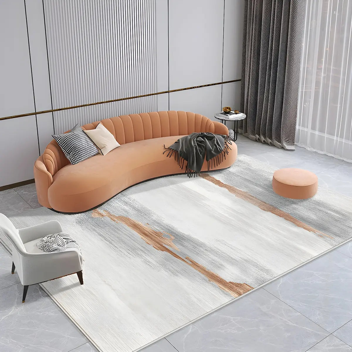 Modern Oval Abstract Polyester Apricot Area Rug Image - 6