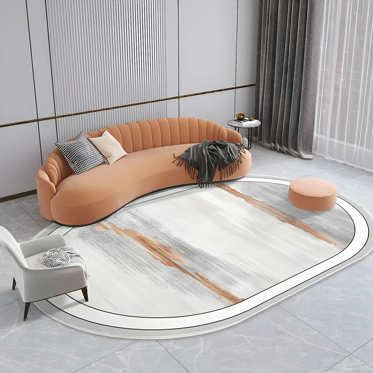 Modern Oval Abstract Polyester Apricot Area Rug Image - 8