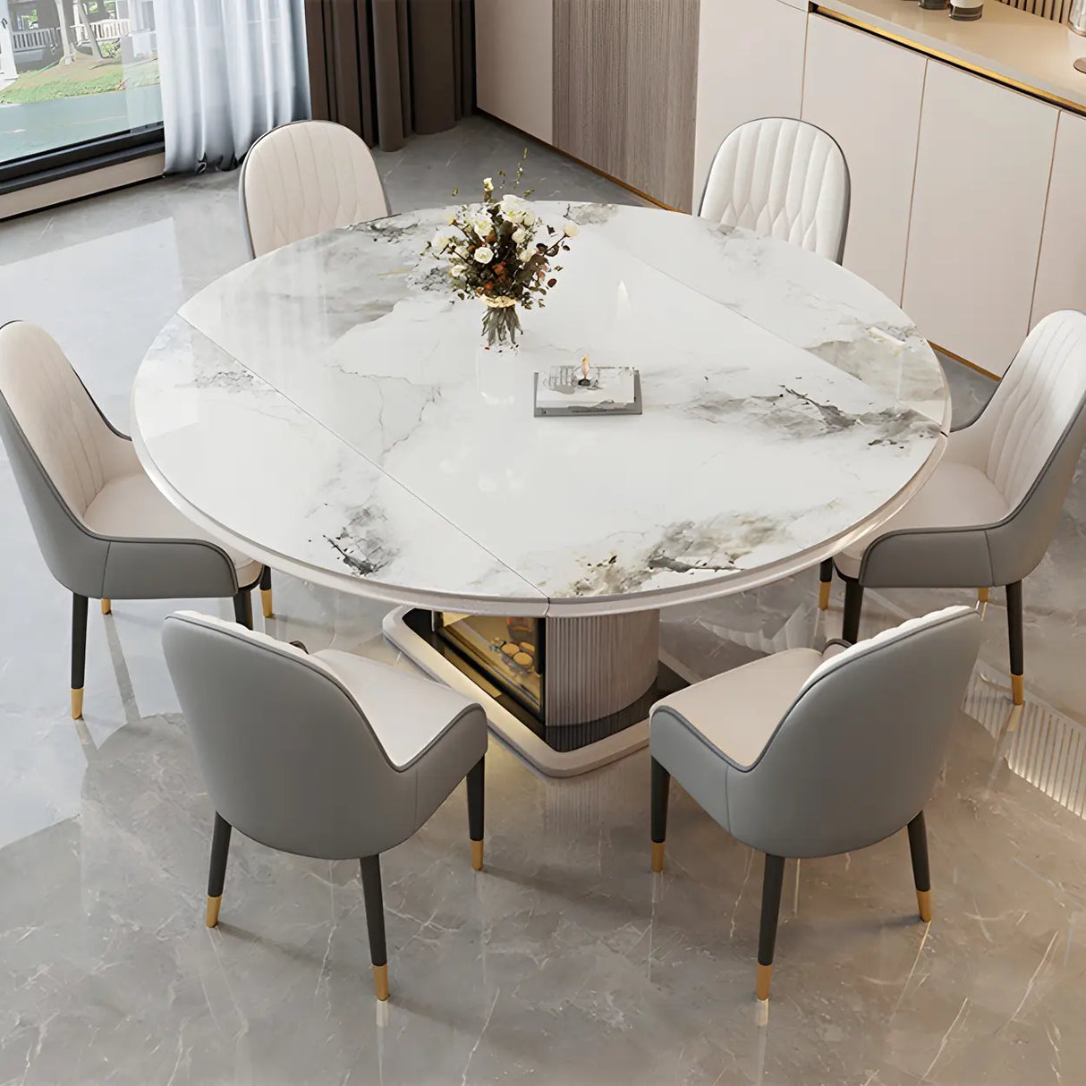 Modern Oval Marble Dining Table Grey Self-Storing Leaf Image - 2