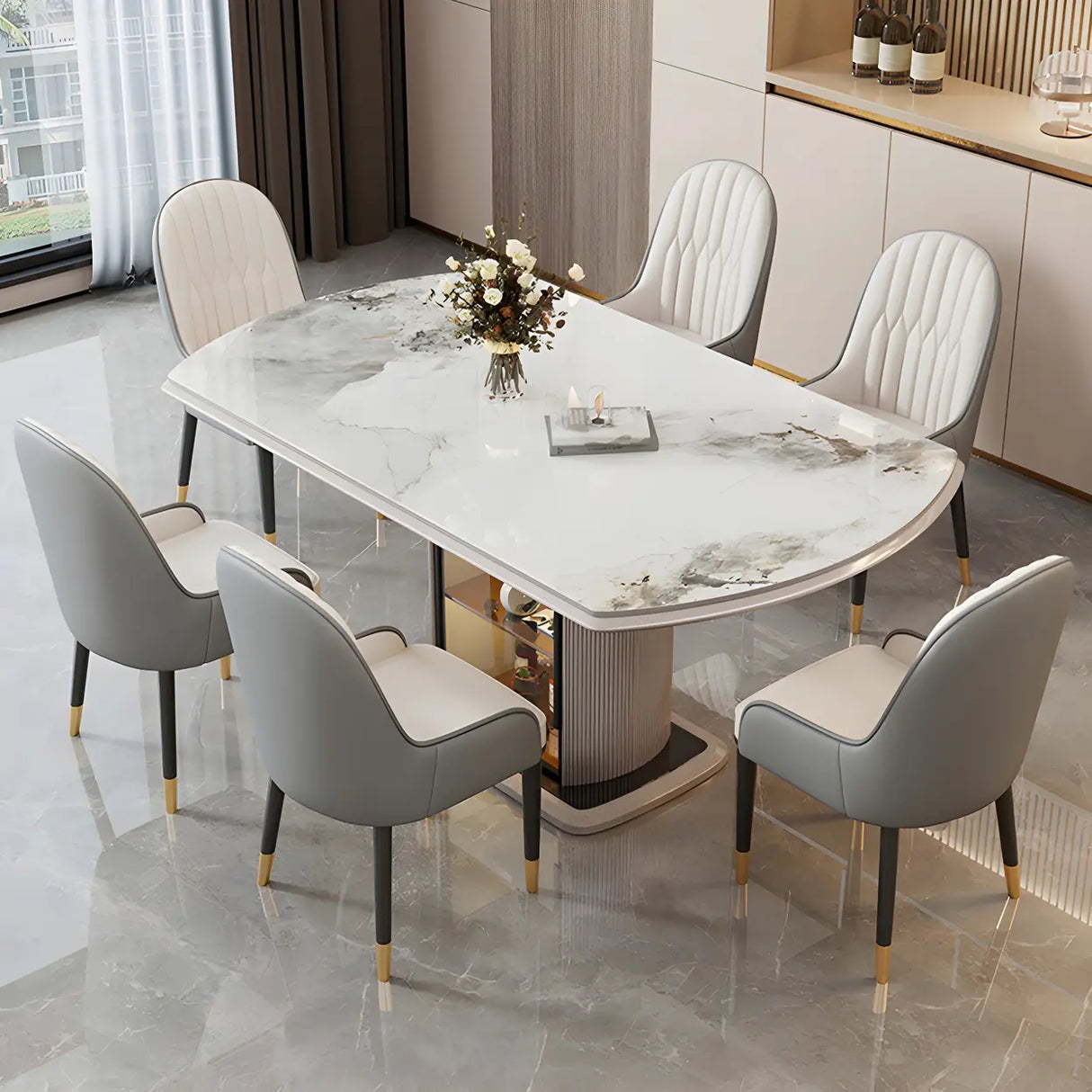 Modern Oval Marble Dining Table Grey Self-Storing Leaf Image - 3