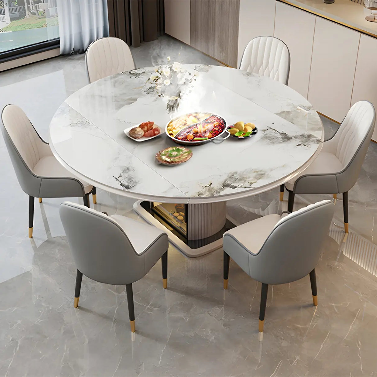 Modern Oval Marble Dining Table Grey Self-Storing Leaf Image - 4