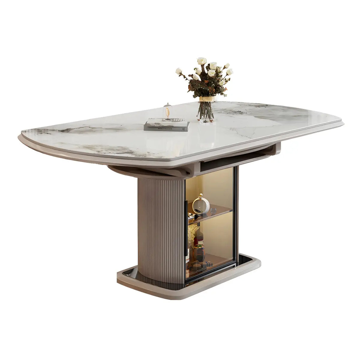 Modern Oval Marble Dining Table Grey Self-Storing Leaf Image - 5