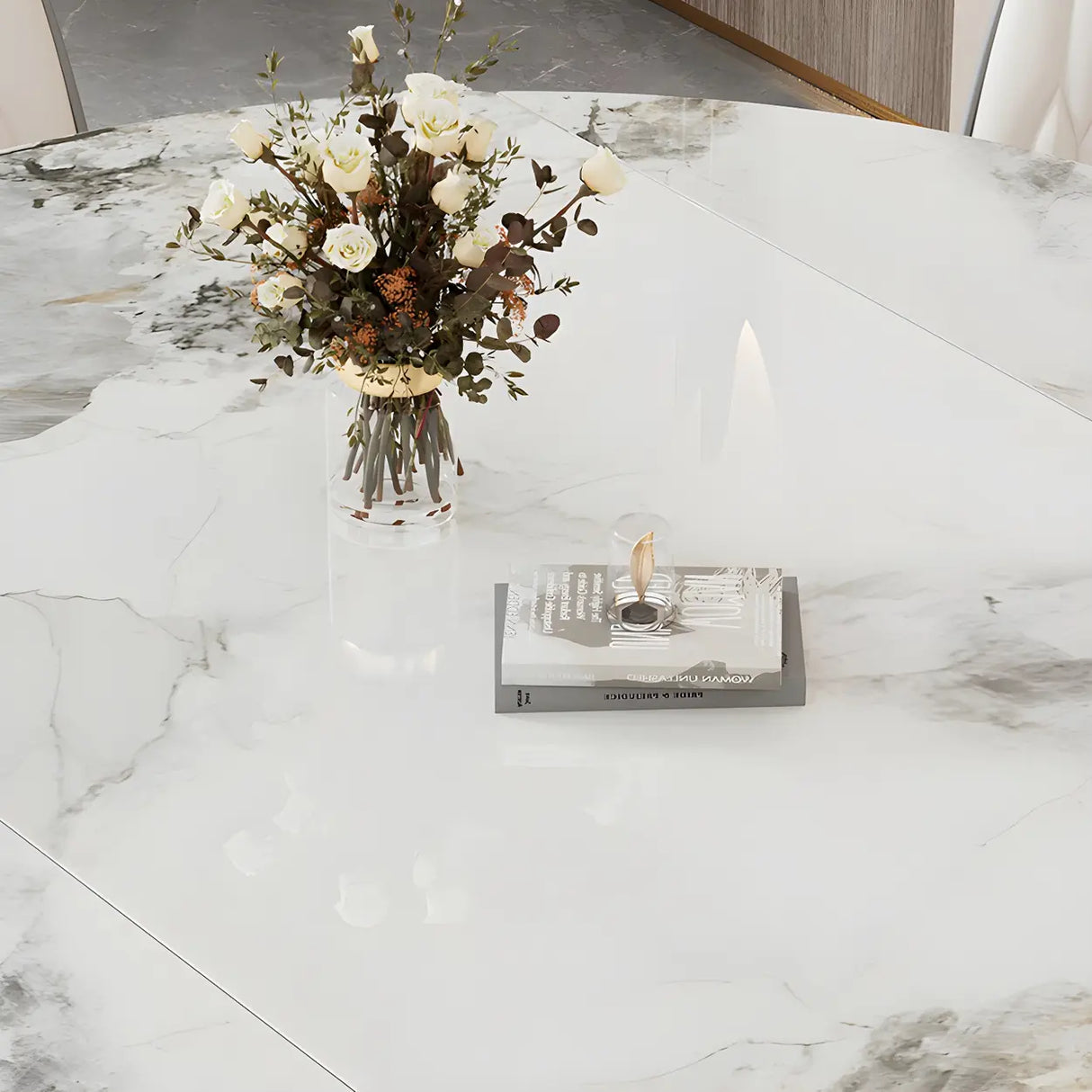 Modern Oval Marble Dining Table Grey Self-Storing Leaf Image - 6