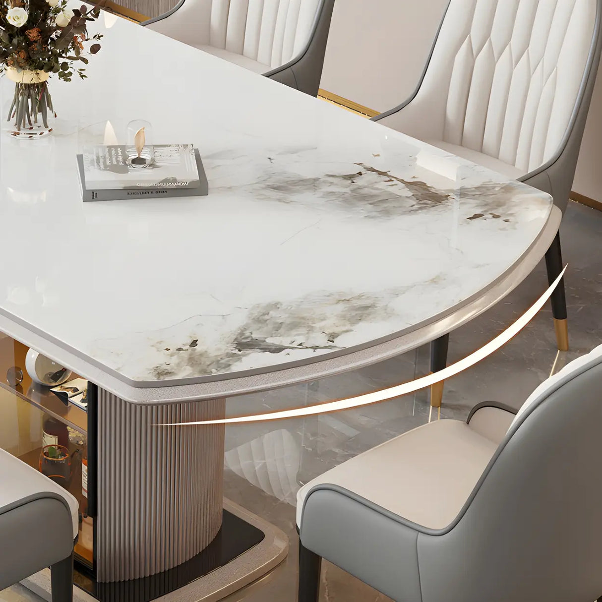 Modern Oval Marble Dining Table Grey Self-Storing Leaf Image - 7