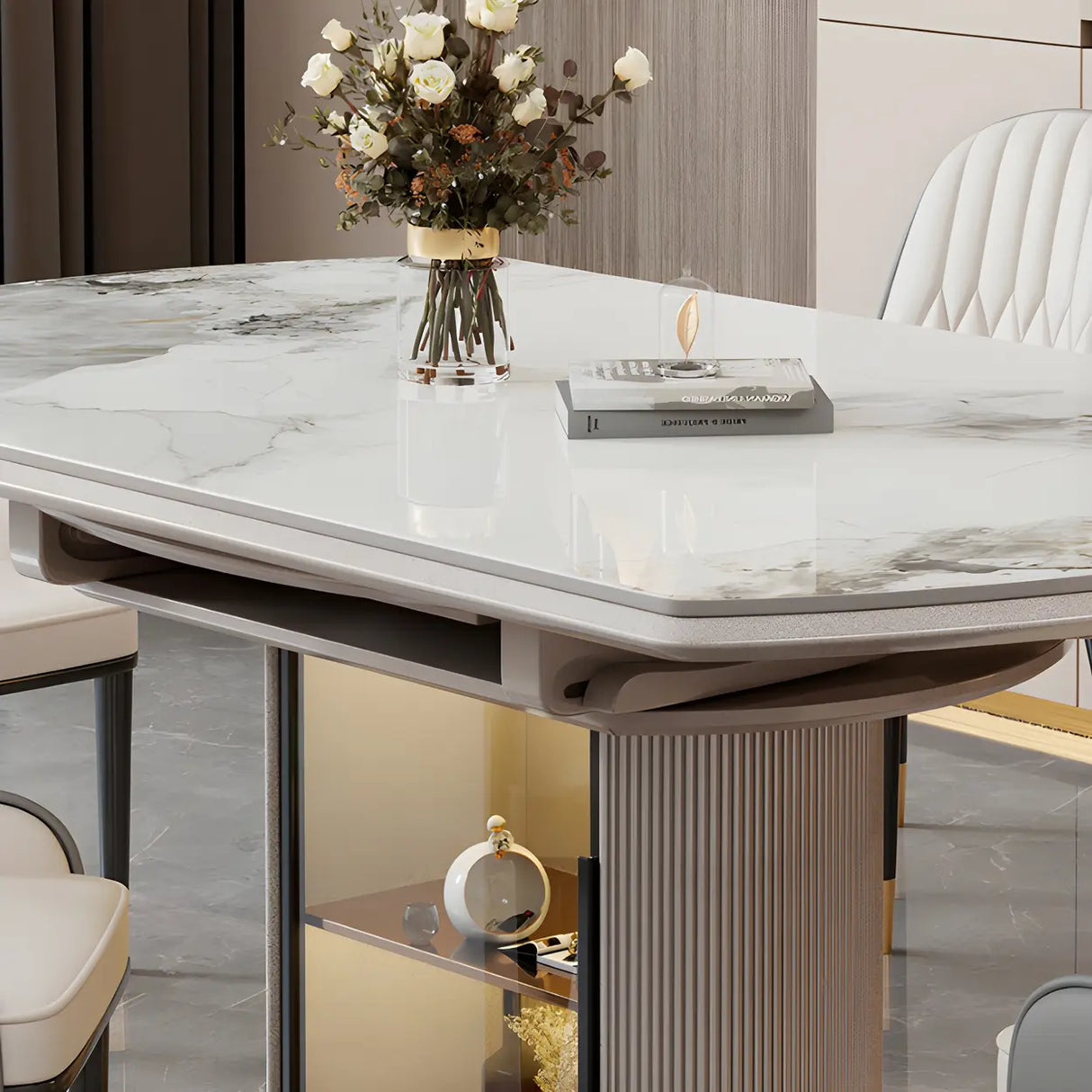 Modern Oval Marble Dining Table Grey Self-Storing Leaf Image - 8