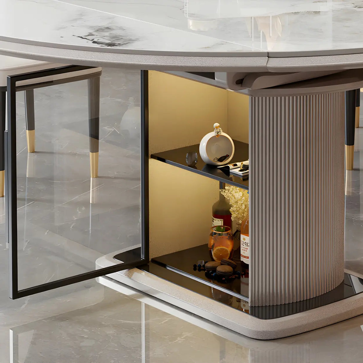 Modern Oval Marble Dining Table Grey Self-Storing Leaf Image - 9