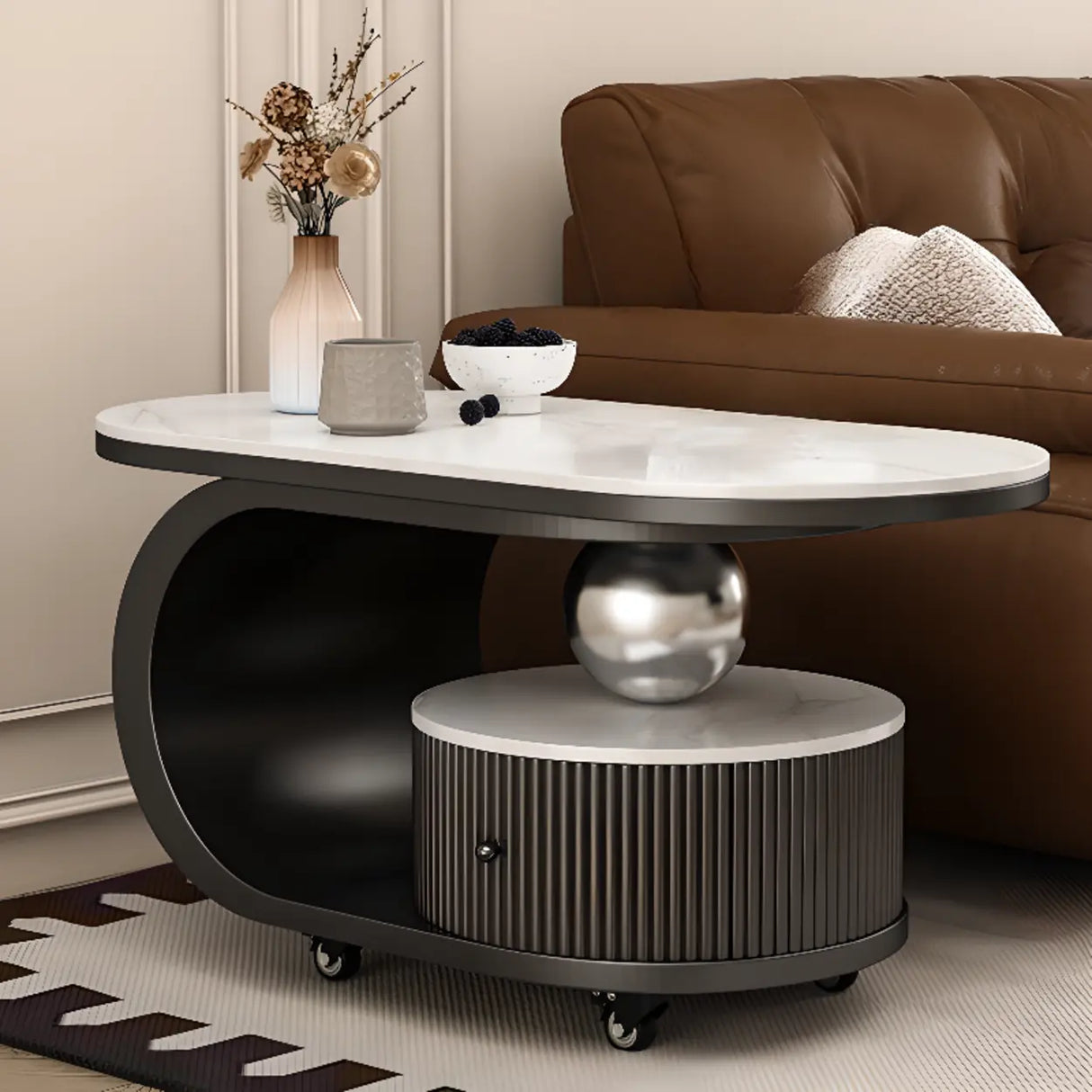 Modern Oval Stone Top Side Table with Casters and Drawers Image - 1