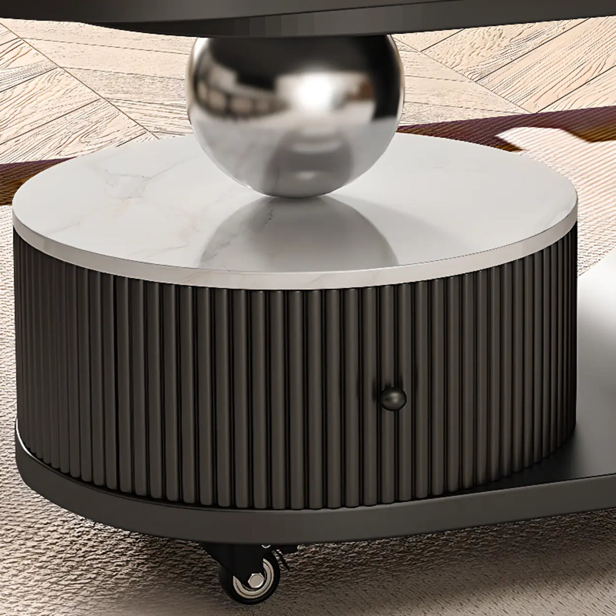 Modern Oval Stone Top Side Table with Casters and Drawers Image - 14