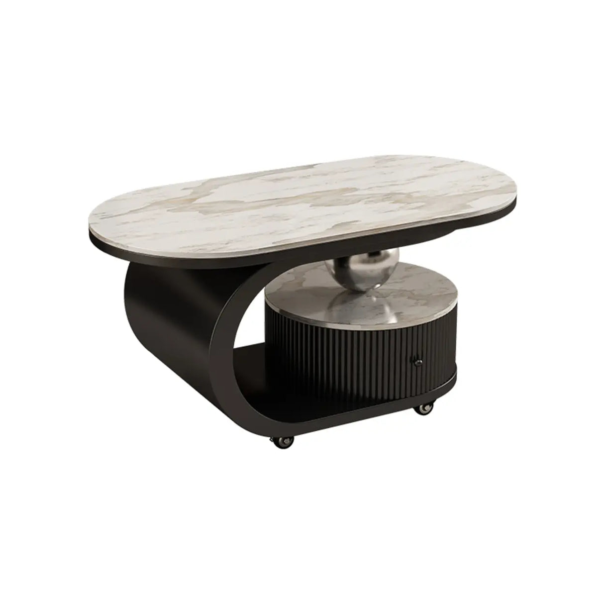 Modern Oval Stone Top Side Table with Casters and Drawers Image - 9