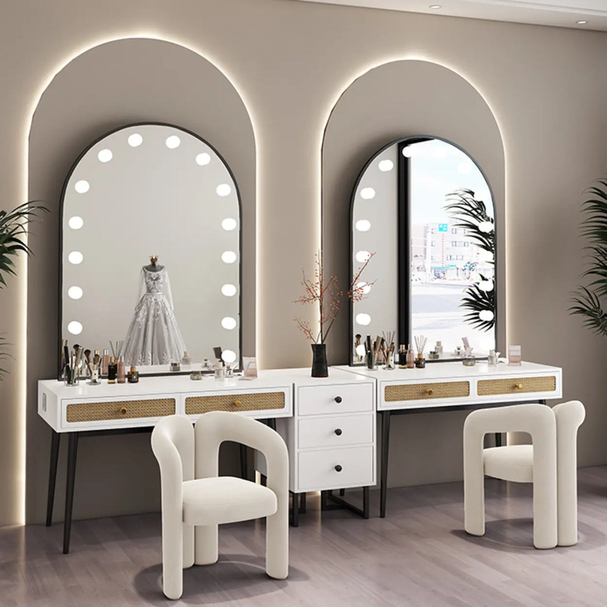 Modern Oval Timber Mirror Lights White Makeup Vanity Set Image - 1