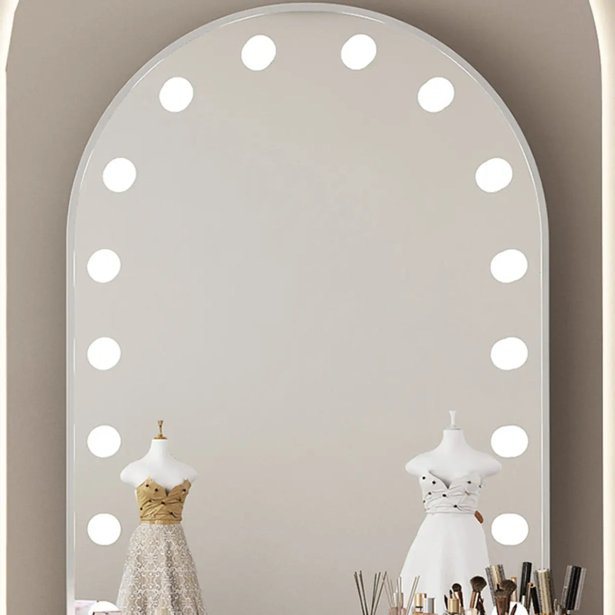 Modern Oval Timber Mirror Lights White Makeup Vanity Set Image - 10