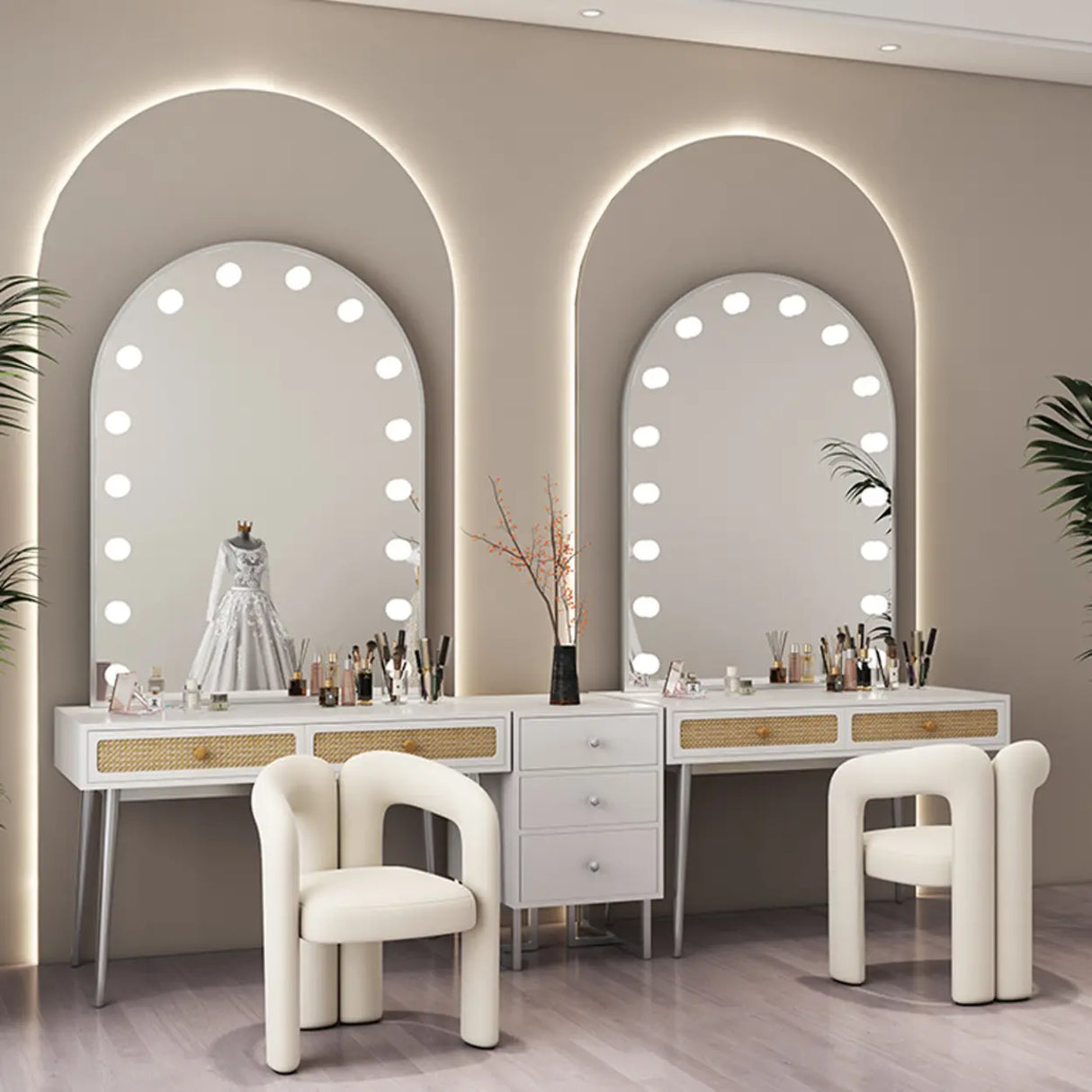 Modern Oval Timber Mirror Lights White Makeup Vanity Set Image - 4