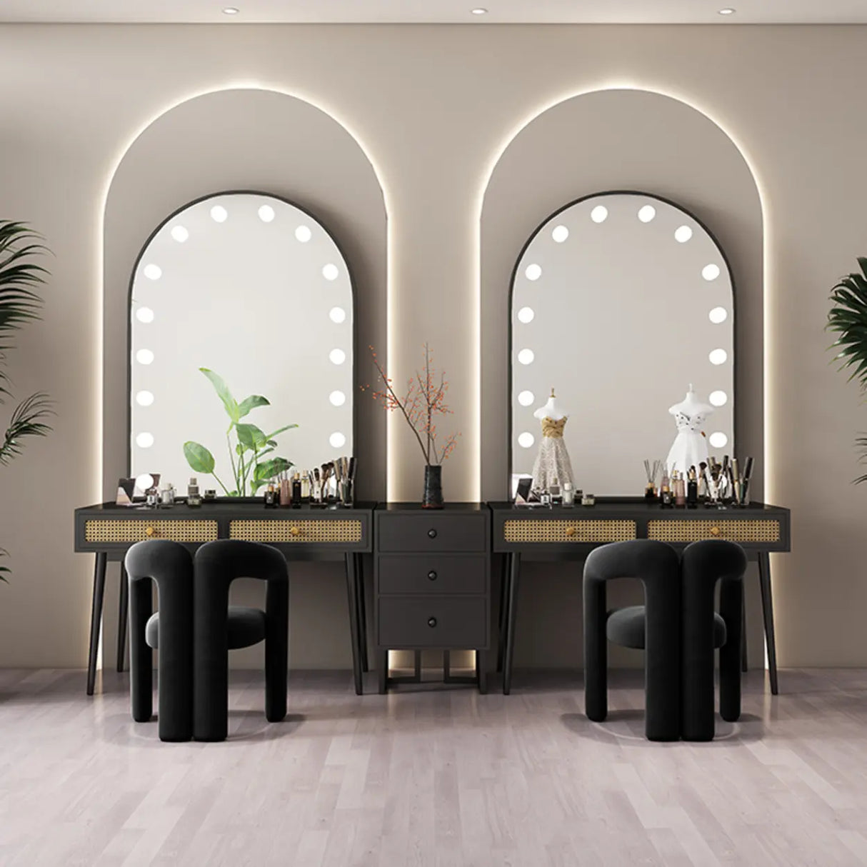 Modern Oval Timber Mirror Lights White Makeup Vanity Set Image - 6
