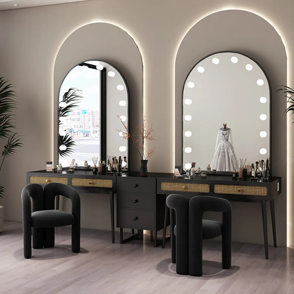 Modern Oval Timber Mirror Lights White Makeup Vanity Set Image - 8