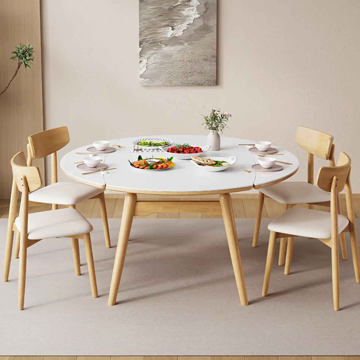 Modern Oval Wood Dining Table White Self-Storing Leaf Image - 2