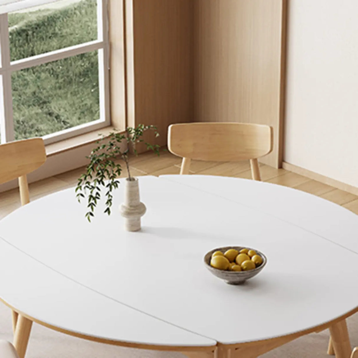 Modern Oval Wood Dining Table White Self-Storing Leaf Image - 5