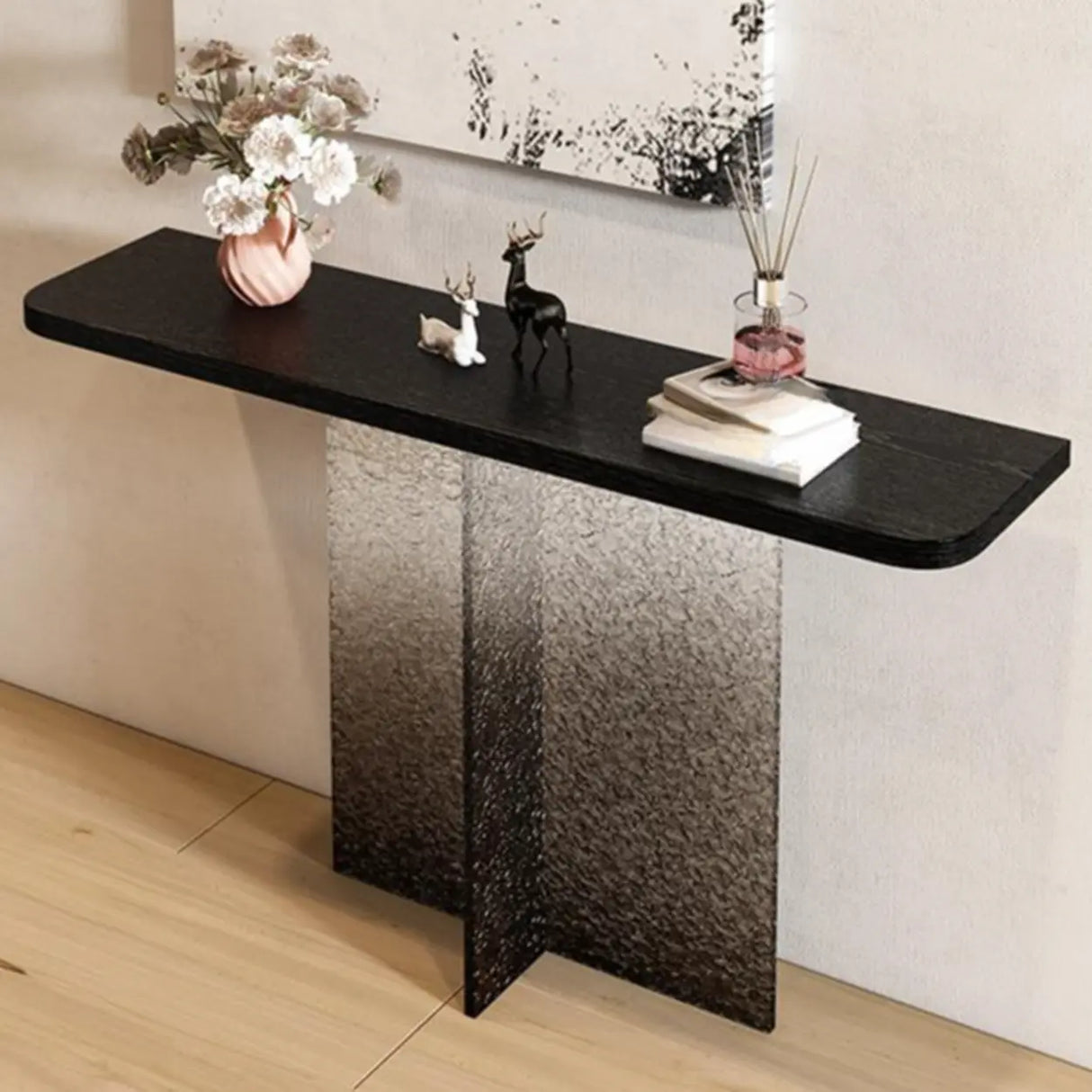 Modern Pedestal Rectangle Stump Black Top Console Table Image - 4