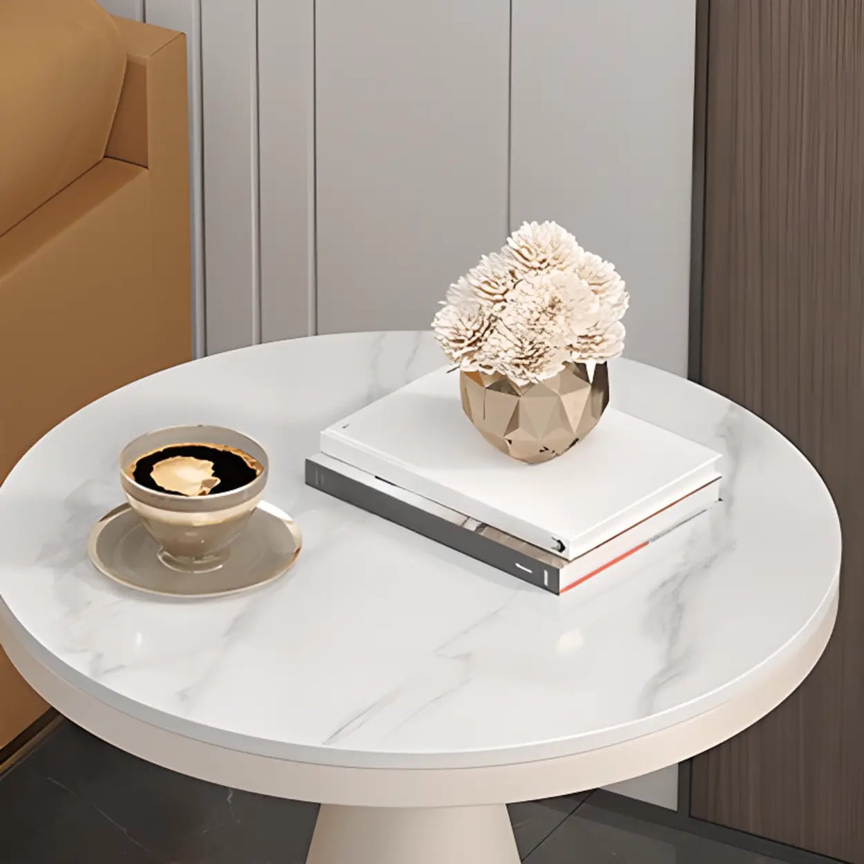 Modern Pedestal Round Sintered Stone Steel Base End Table Image - 10