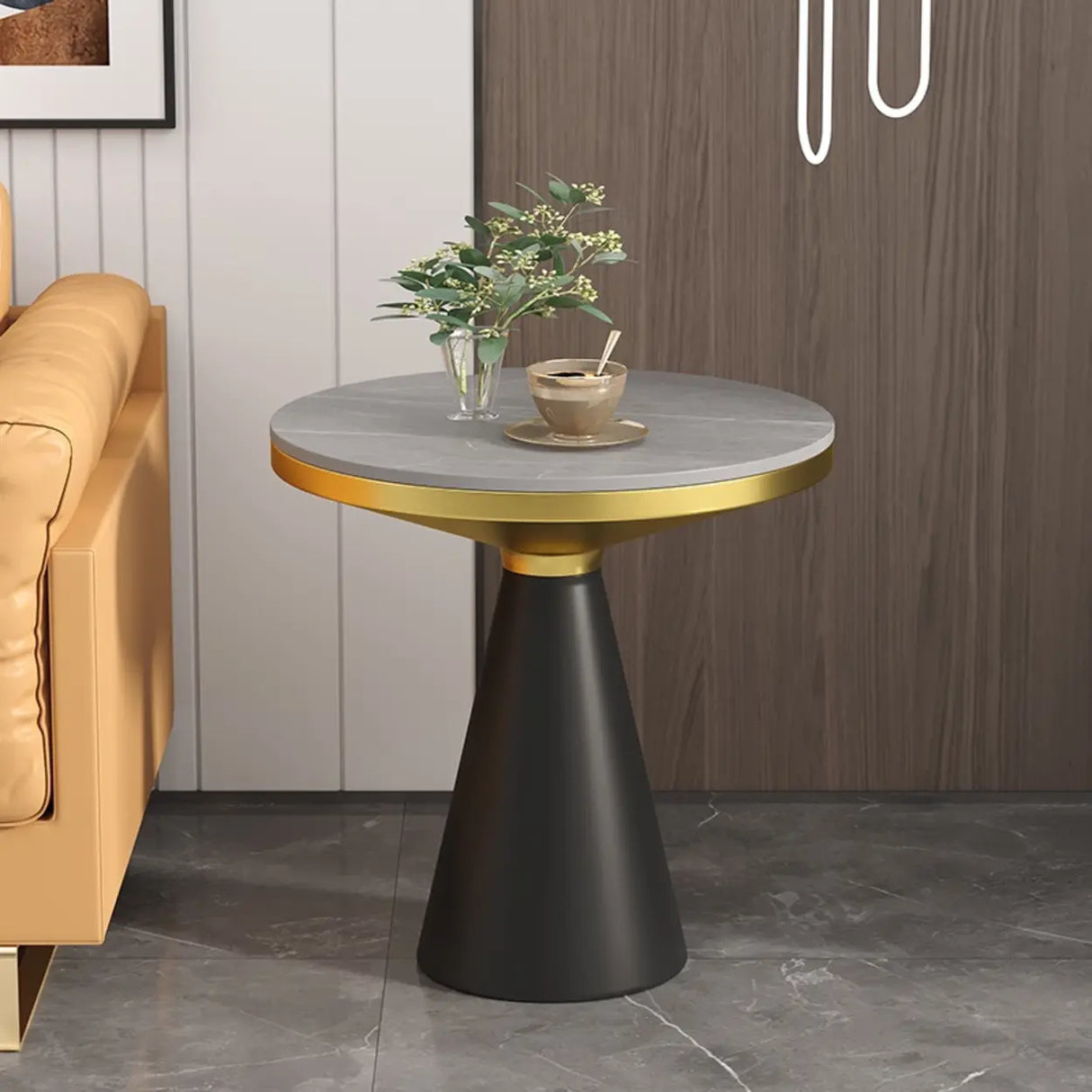 Modern Pedestal Round Sintered Stone Steel Base End Table Image - 4