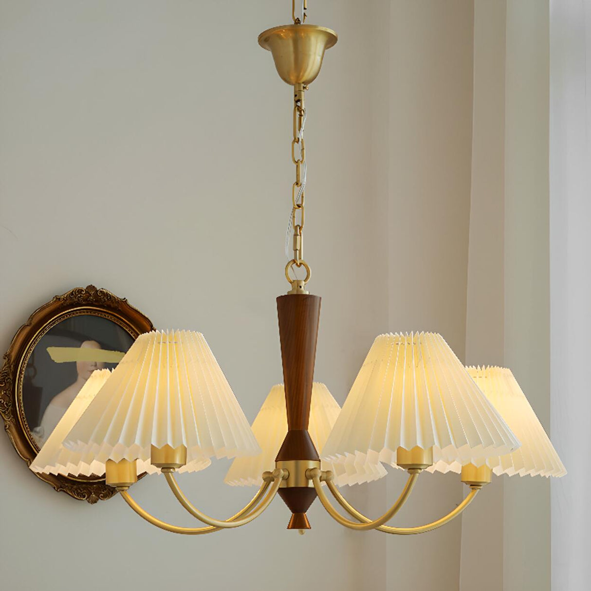 Modern Pleated Fabric Wood Chandelier Adjustable Chain Image - 3