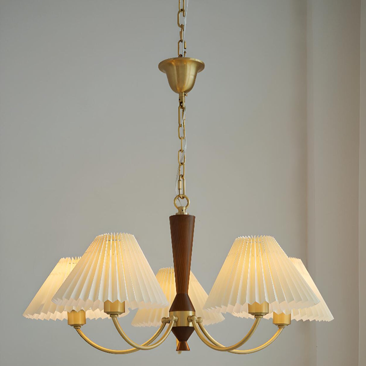Modern Pleated Fabric Wood Chandelier Adjustable Chain Image - 8