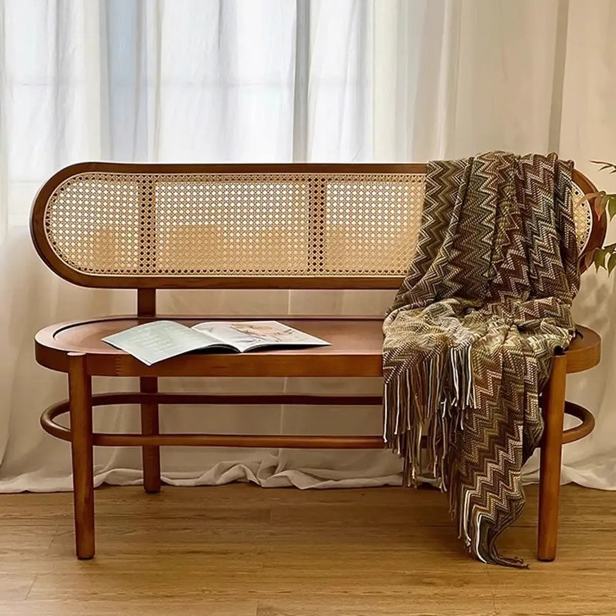 Modern Rattan-Back Wooden Bench for Stylish Home Décor Image - 1