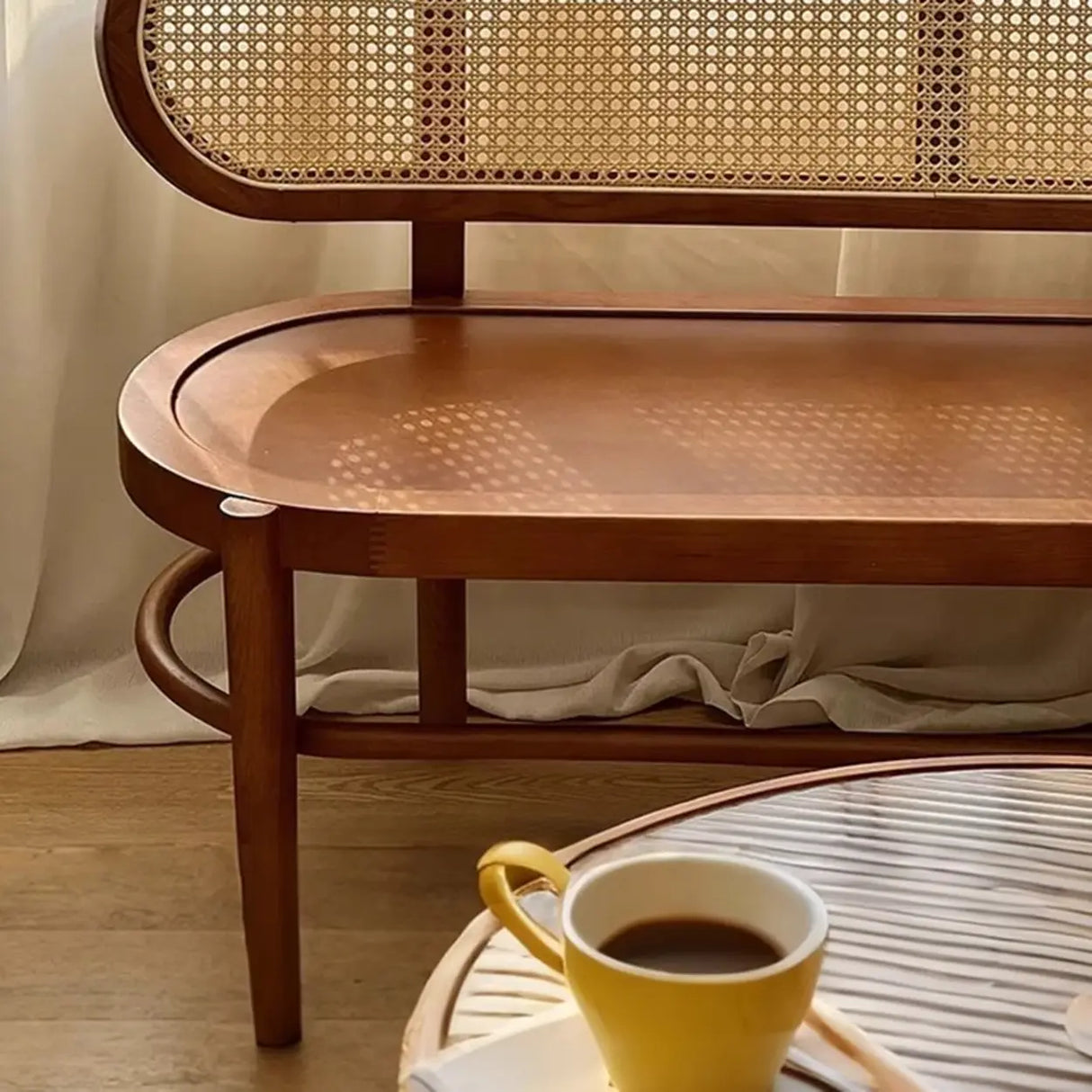 Modern Rattan-Back Wooden Bench for Stylish Home Décor Image - 6