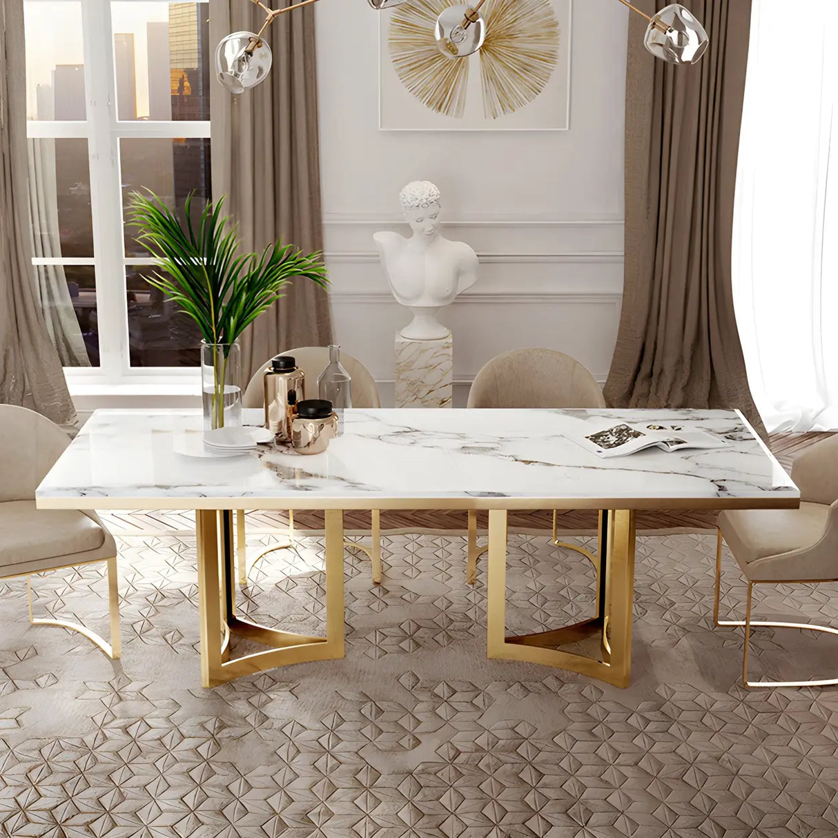 Modern Rectangle Gold Frame White Dining Table Image - 10