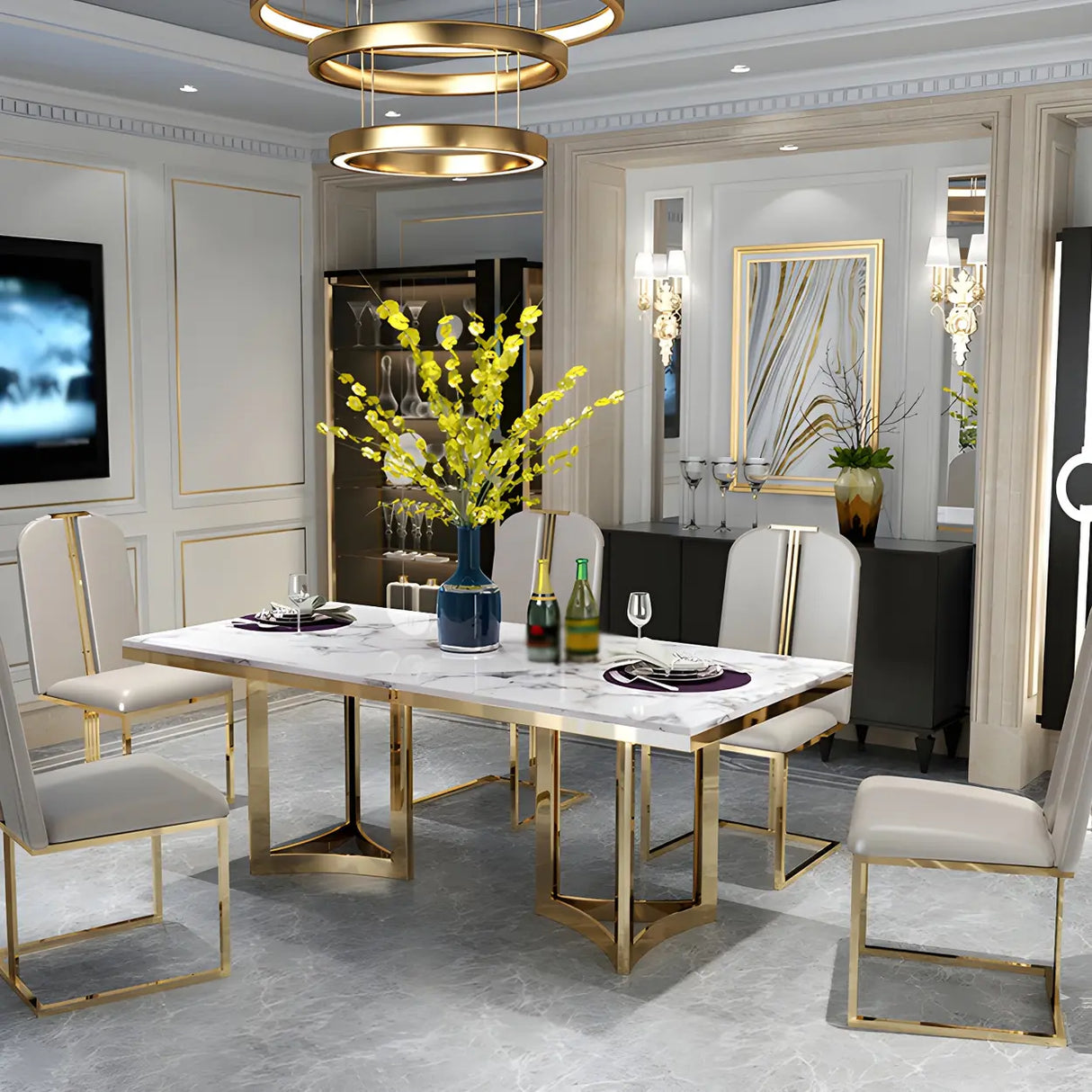 Modern Rectangle Gold Frame White Dining Table Image - 11