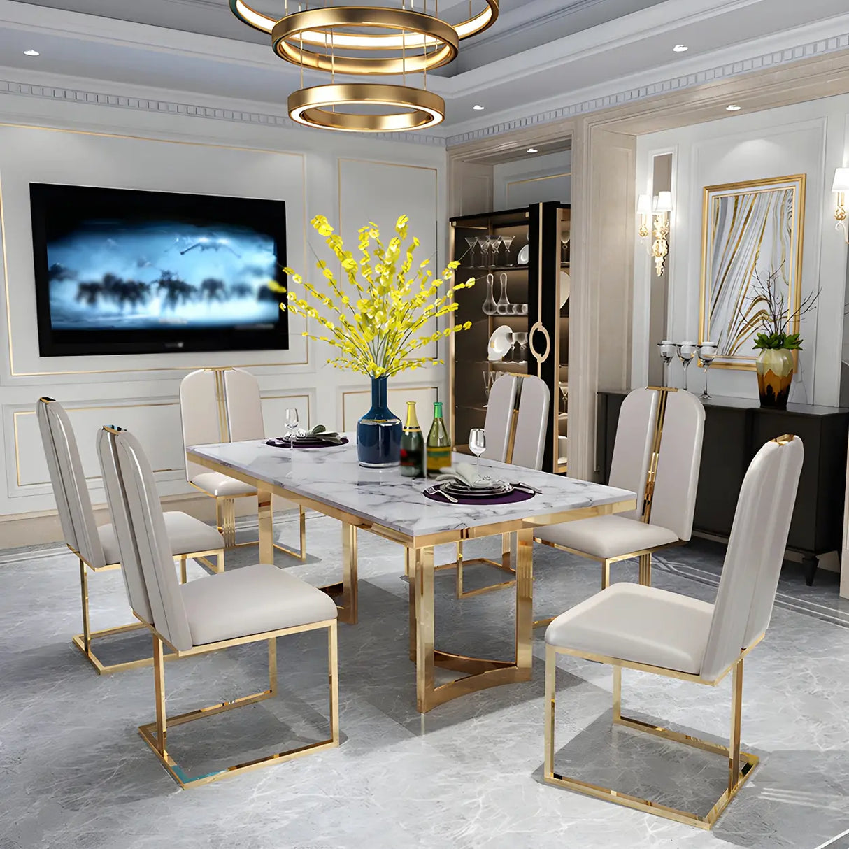 Modern Rectangle Gold Frame White Dining Table Image - 12