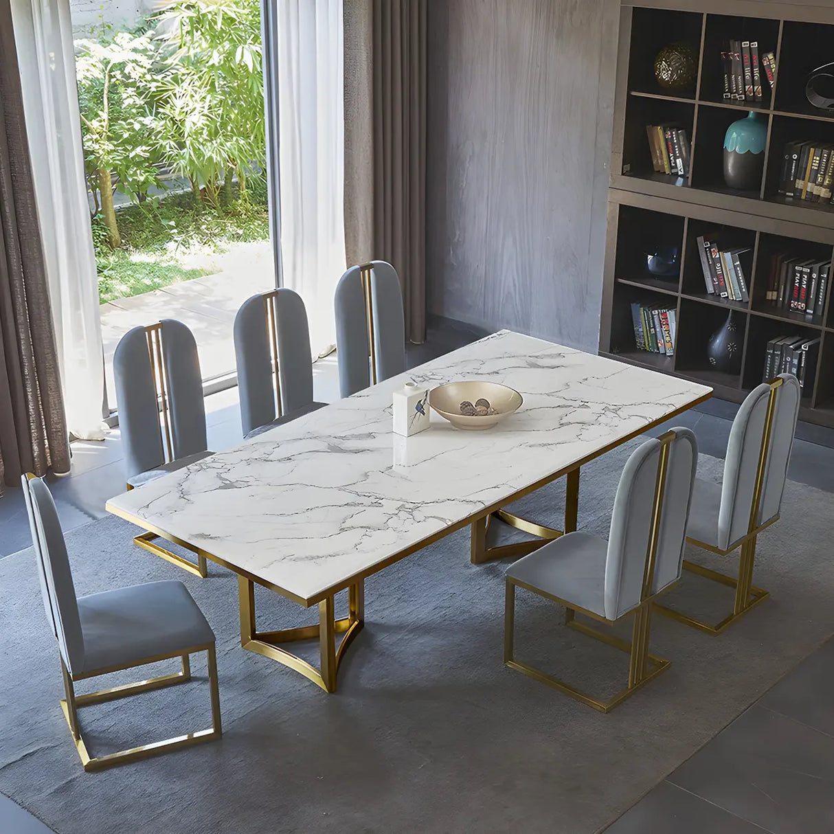 Modern Rectangle Gold Frame White Dining Table Image - 13