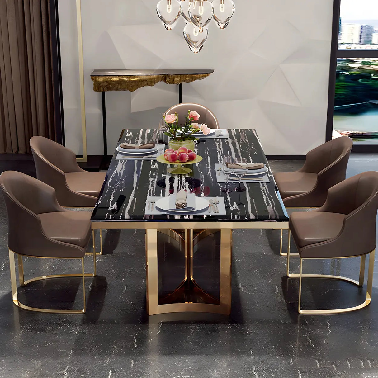 Modern Rectangle Gold Frame White Dining Table Image - 14