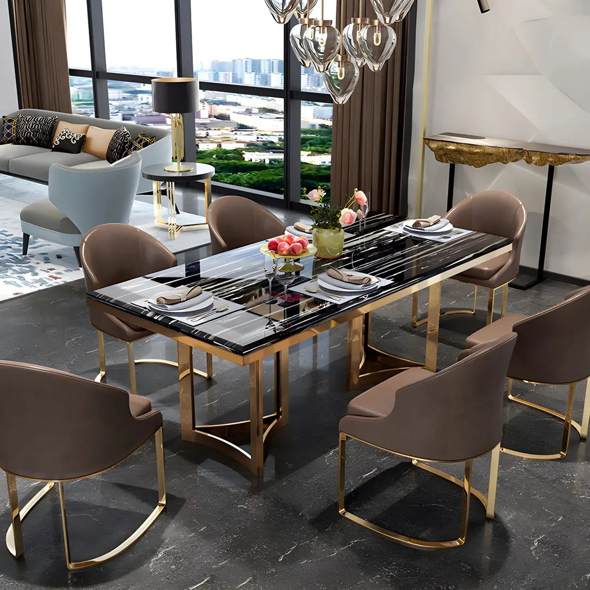 Modern Rectangle Gold Frame White Dining Table Image - 15