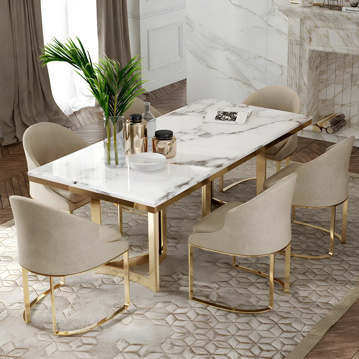Modern Rectangle Gold Frame White Dining Table Image - 1