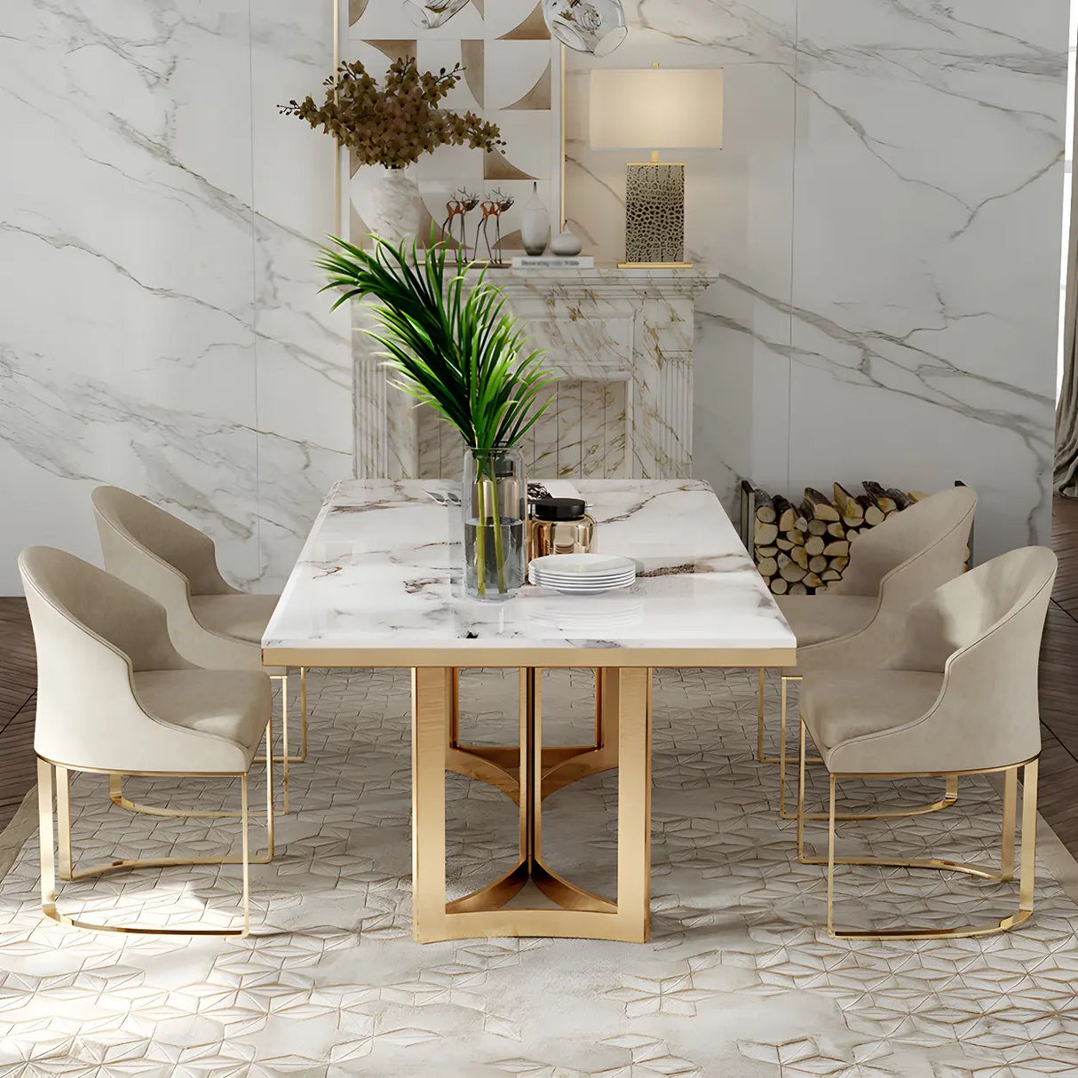 Modern Rectangle Gold Frame White Dining Table Image - 2