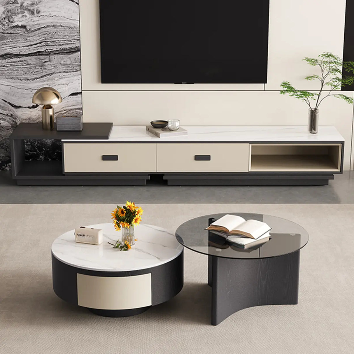Modern Rectangle Marble Top TV Stand with Drawers Image - 1