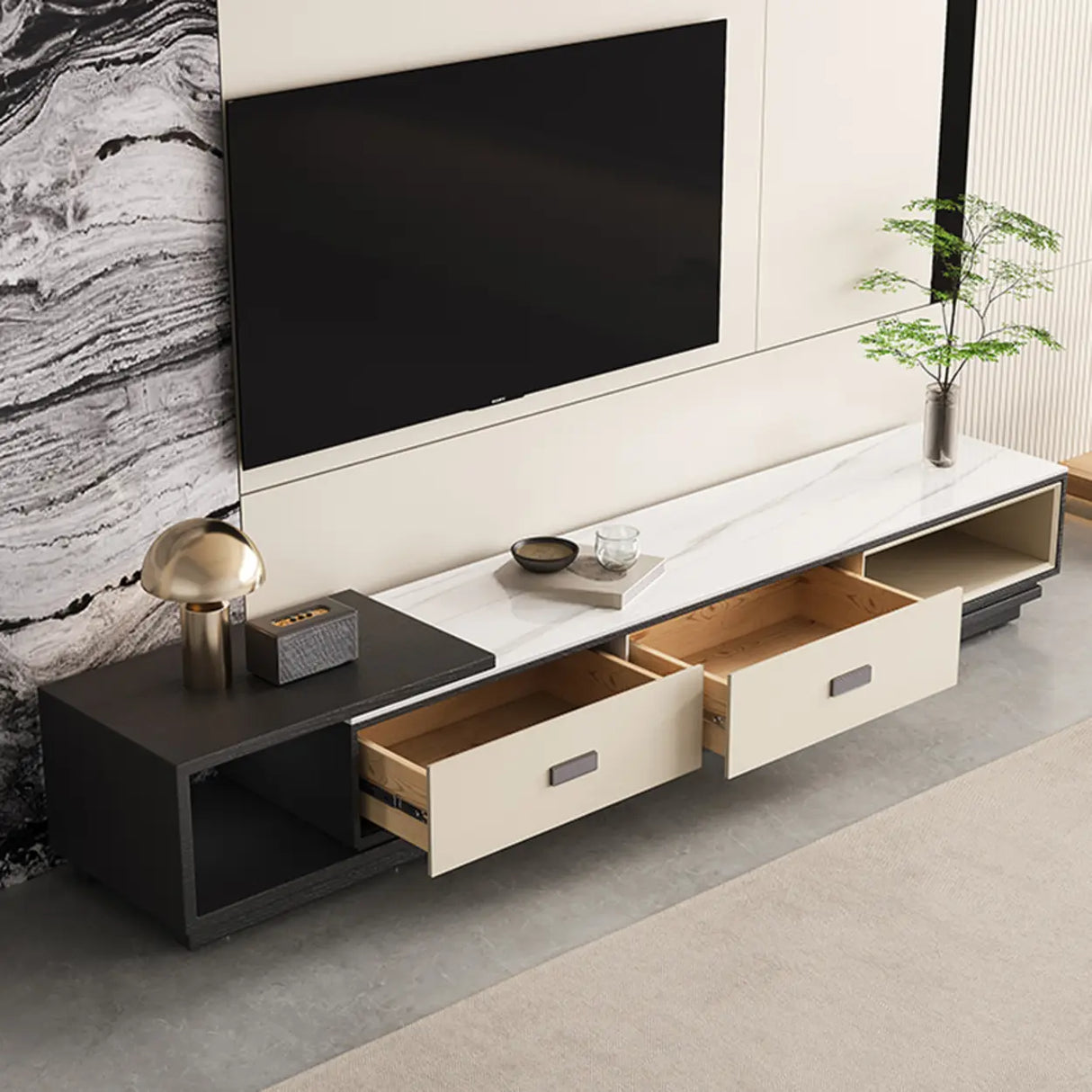 Modern Rectangle Marble Top TV Stand with Drawers Image - 4
