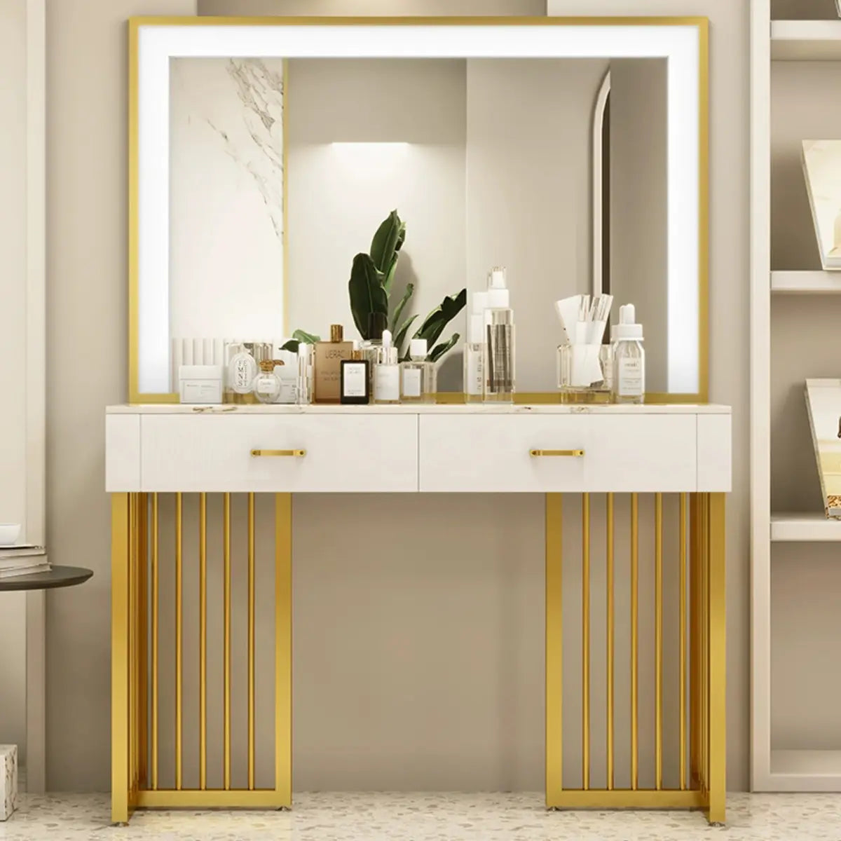 Modern Rectangle White LED Mirror Sintered Stone Makeup Vanity Image - 1