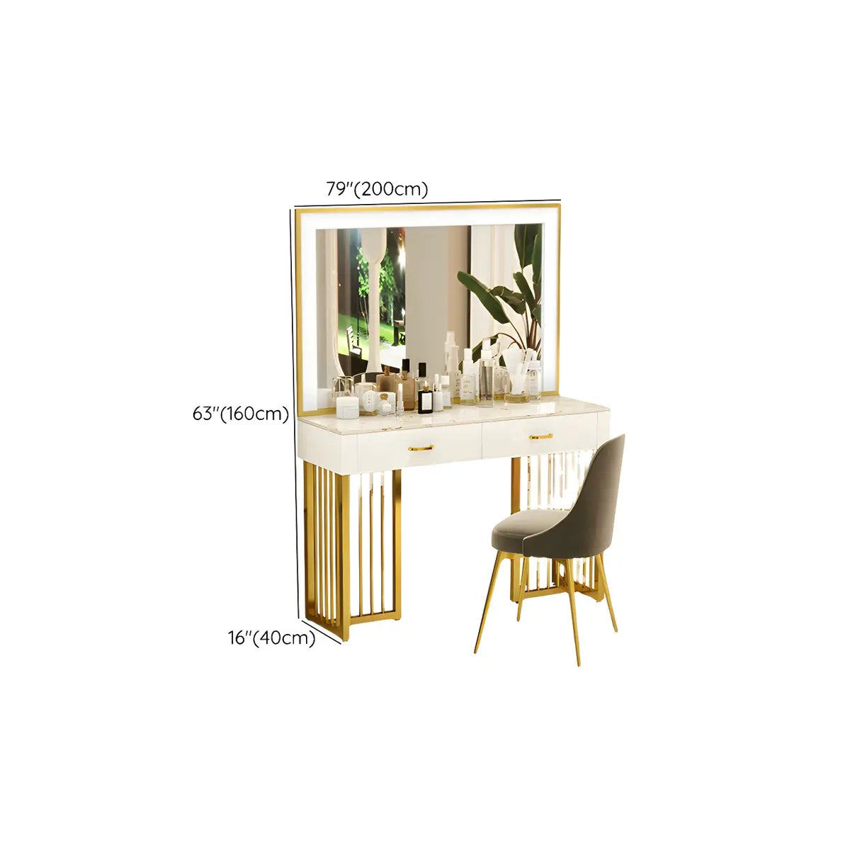 Modern Rectangle White LED Mirror Sintered Stone Makeup Vanity Image - 19