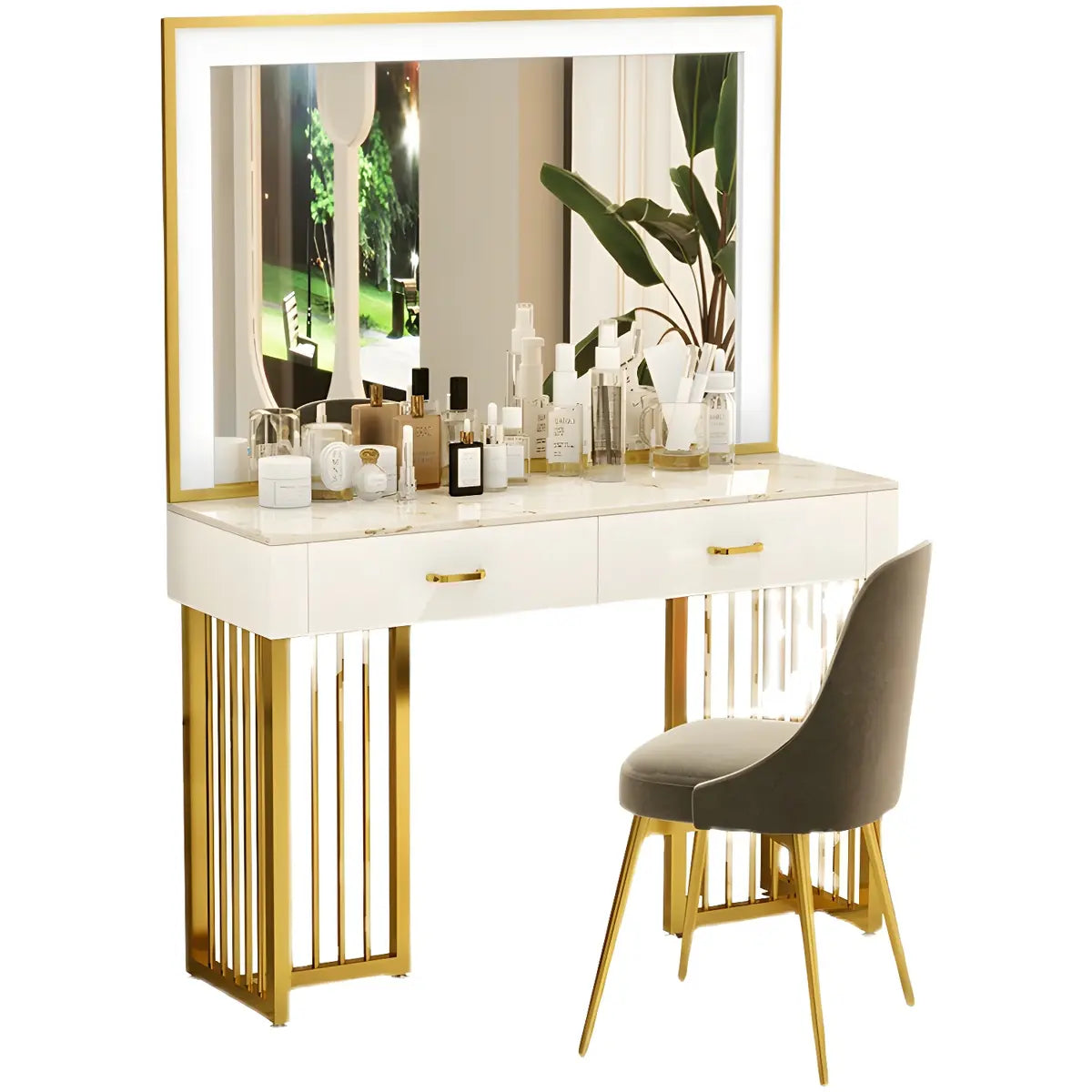 Modern Rectangle White LED Mirror Sintered Stone Makeup Vanity Image - 2