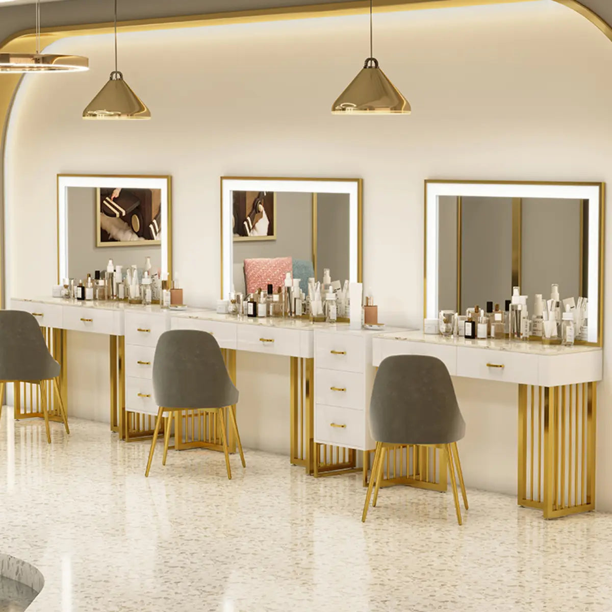 Modern Rectangle White LED Mirror Sintered Stone Makeup Vanity Image - 3