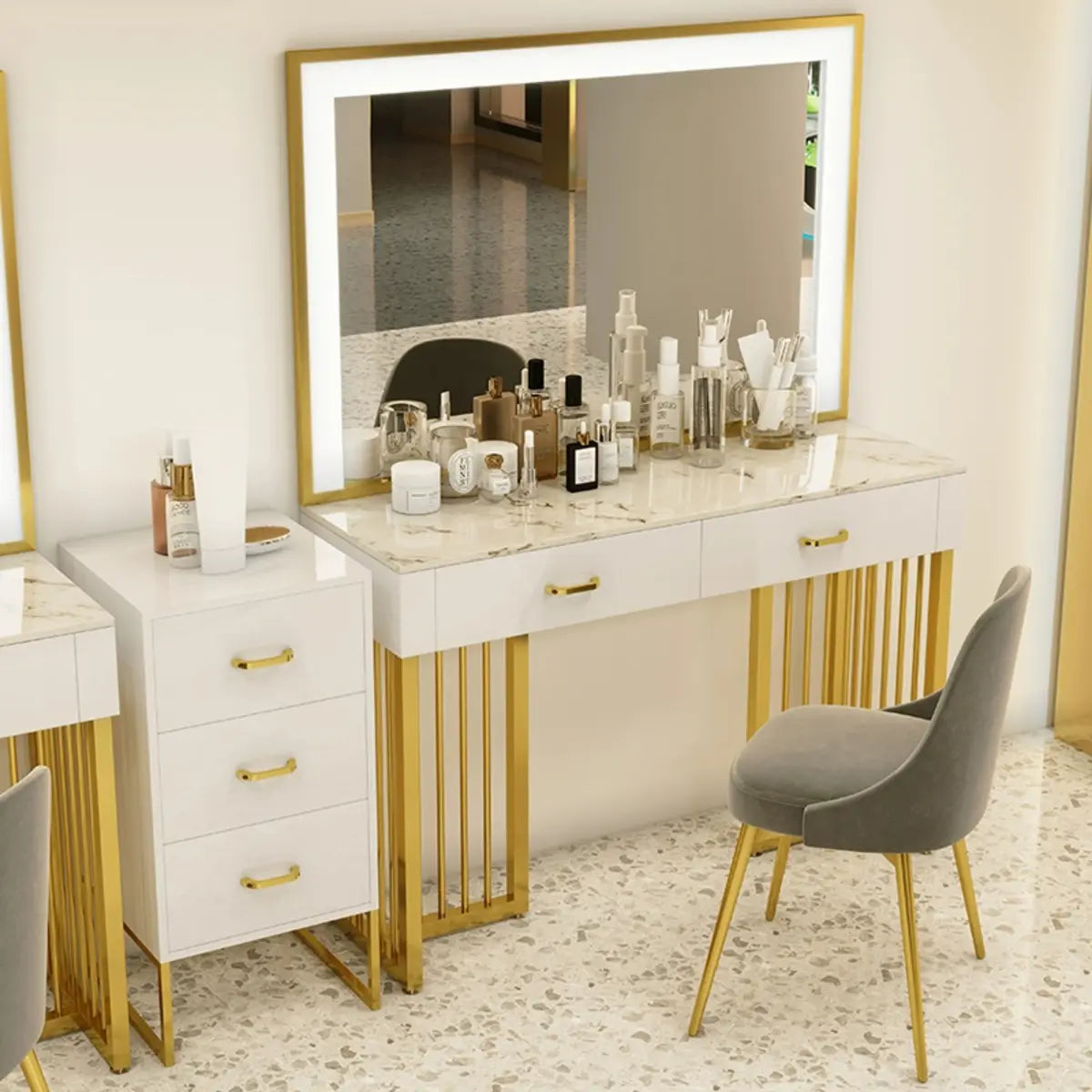 Modern Rectangle White LED Mirror Sintered Stone Makeup Vanity Image - 7