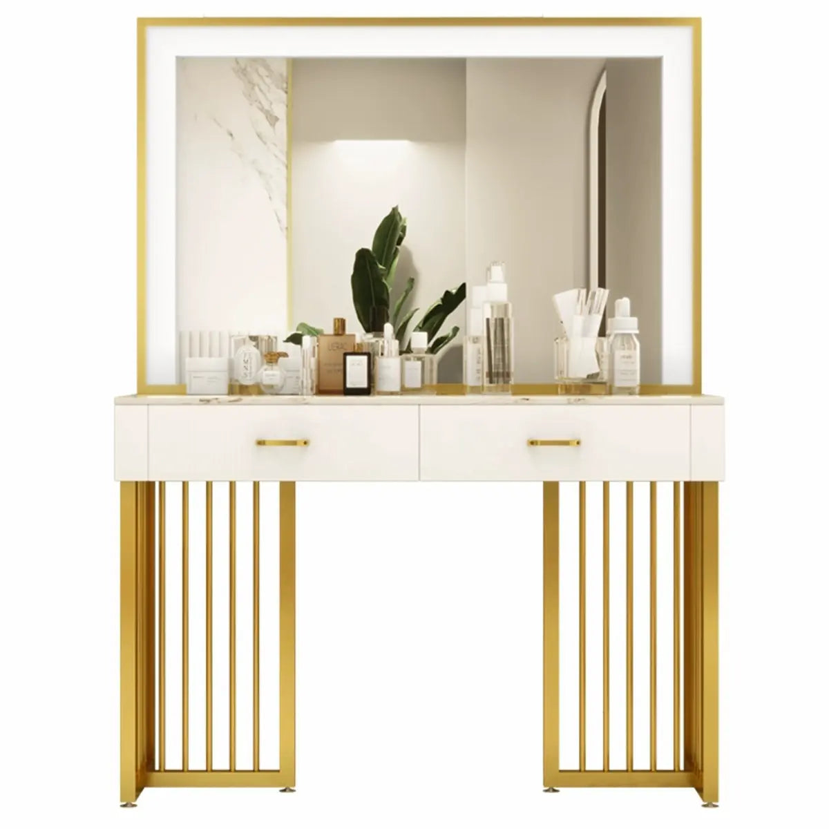 Modern Rectangle White LED Mirror Sintered Stone Makeup Vanity Image - 8