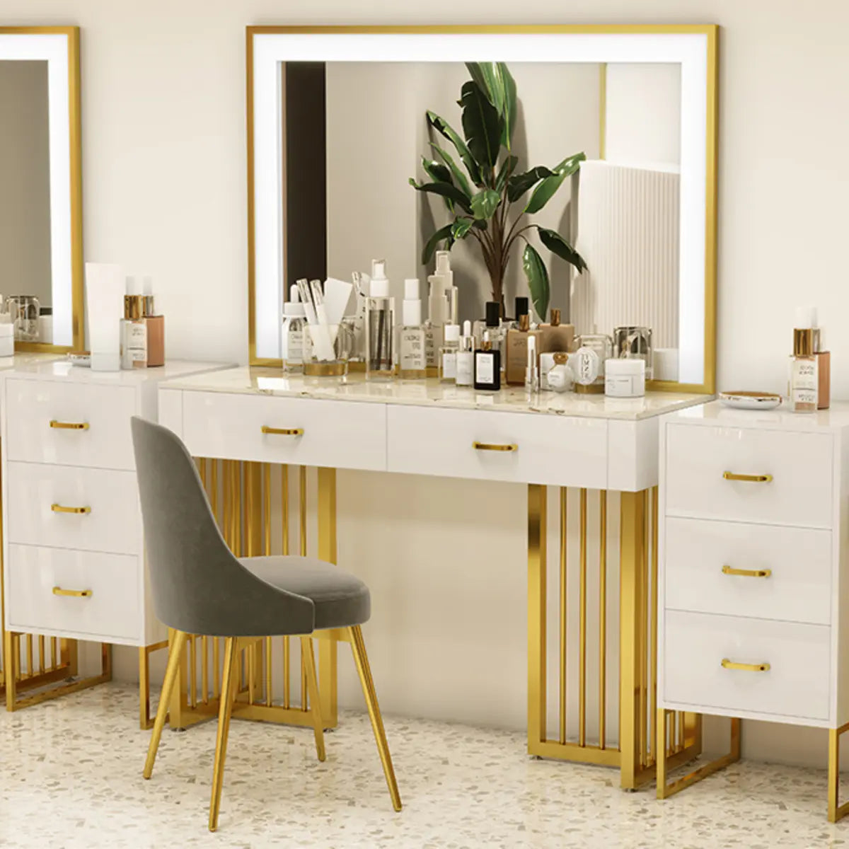 Modern Rectangle White LED Mirror Sintered Stone Makeup Vanity Image - 9