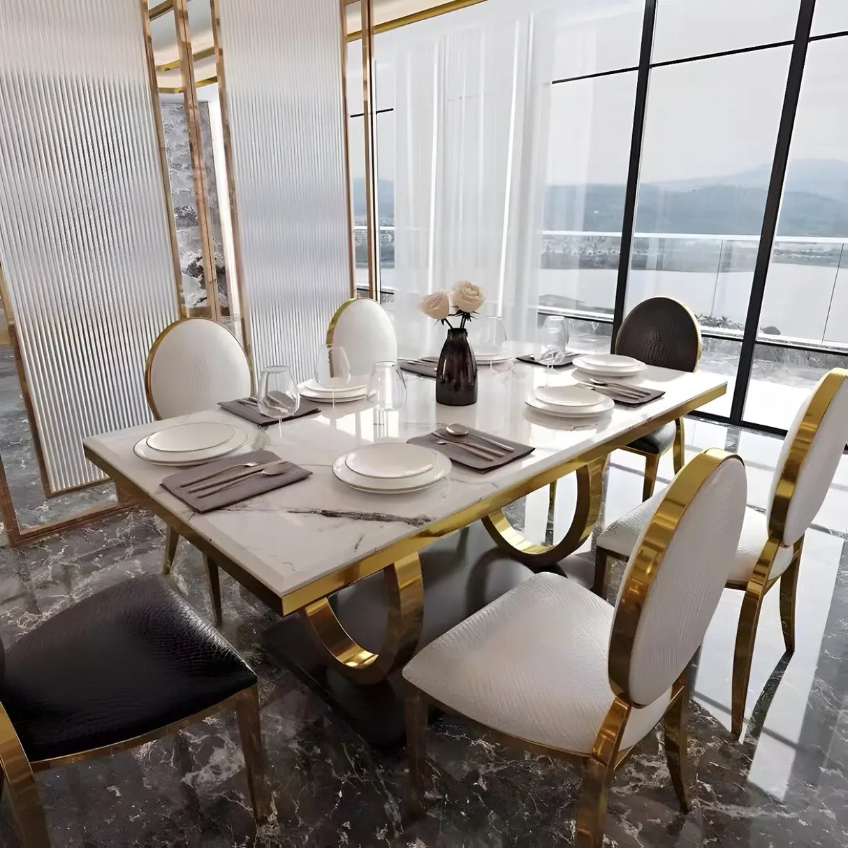 Modern Rectangle White Marble Scratch Resistant Dining Table Image - 4