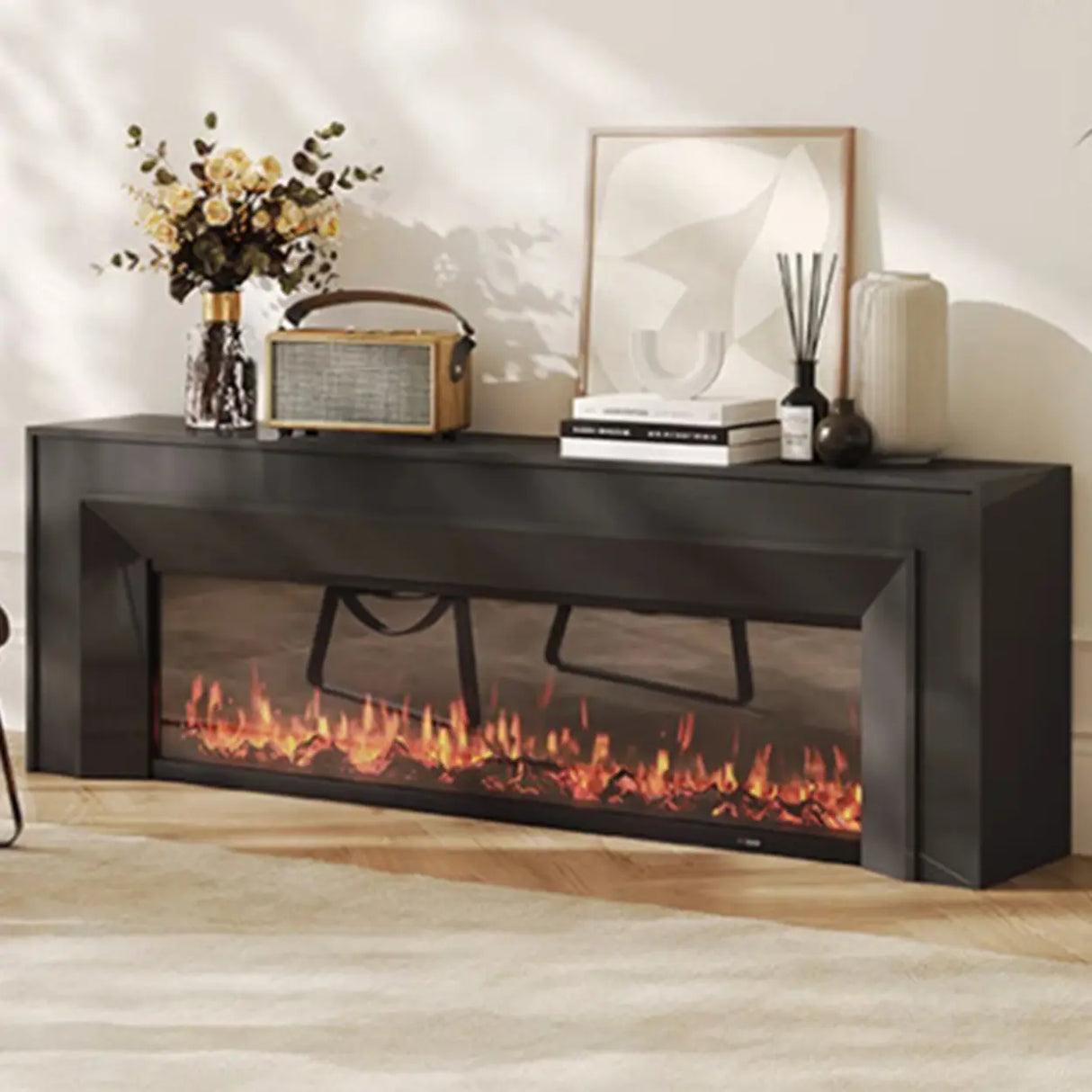 Modern Rectangle White Matte Wood Fireplace TV Stand Image - 3