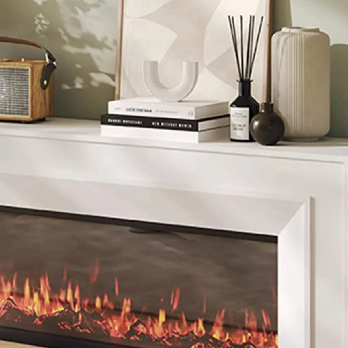Modern Rectangle White Matte Wood Fireplace TV Stand Image - 8