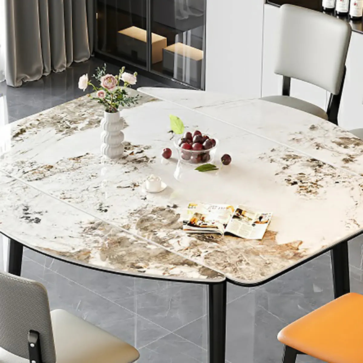 Modern Rectangle White Stone Extendable Dining Table Image - 9