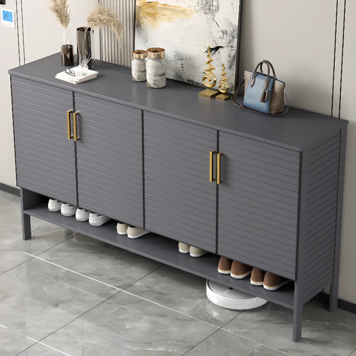 Modern Rectangle Wood Hallway Grey Large Shoe Cabinet Image - 1